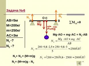 * Задача №6 АВ=5м М=200кг m=250кг АС=3м N1 -? N2 -? ∑МiA=0 O Mg·AO + mg·AC = N2·