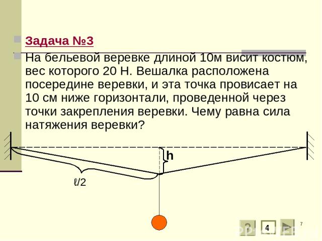 * Задача №3 На бельевой веревке длиной 10м висит костюм, вес которого 20 Н. Вешалка расположена посередине веревки, и эта точка провисает на 10 см ниже горизонтали, проведенной через точки закрепления веревки. Чему равна сила натяжения веревки? ℓ/2 4