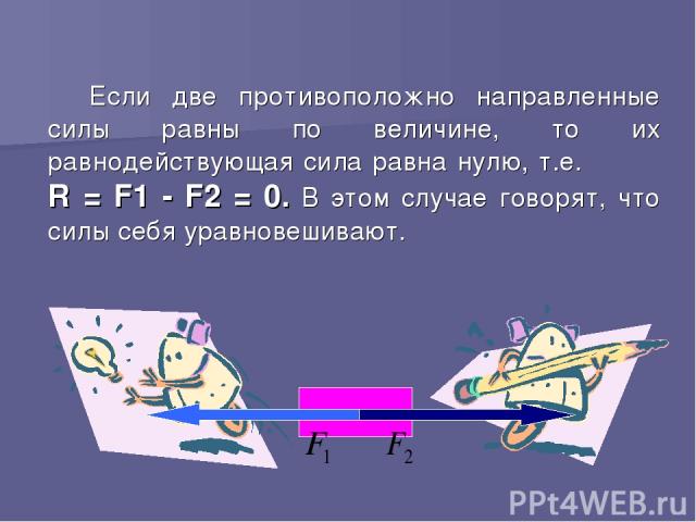 Если две противоположно направленные силы равны по величине, то их равнодействующая сила равна нулю, т.е. R = F1 - F2 = 0. В этом случае говорят, что силы себя уравновешивают.