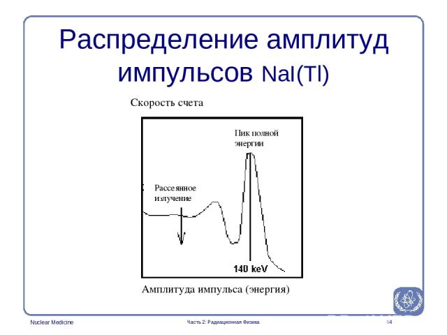 * Распределение амплитуд импульсов NaI(Tl) Часть 2: Радиационная Физика Скорость счета Амплитуда импульса (энергия) Рассеянное излучение Пик полной энергии Часть 2: Радиационная Физика Nuclear Medicine