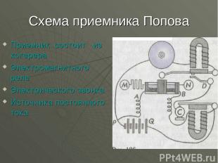 Схема приемника Попова Приемник состоит из когерера Электромагнитного реле Элект