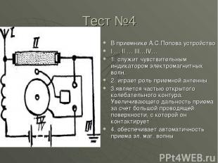 Тест №4 В приемнике А.С.Попова устройство I … II … III…IV… 1. служит чувствитель