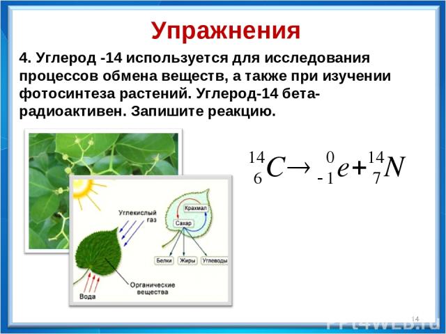 * 4. Углерод -14 используется для исследования процессов обмена веществ, а также при изучении фотосинтеза растений. Углерод-14 бета-радиоактивен. Запишите реакцию. Упражнения
