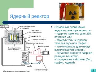 Ядерный реактор Основными элементами ядерного реактора являются: – ядерное горюч