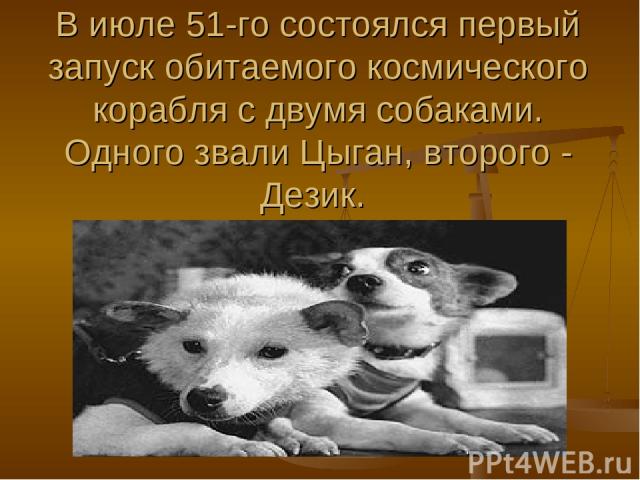 В июле 51-го состоялся первый запуск обитаемого космического корабля с двумя собаками. Одного звали Цыган, второго - Дезик.
