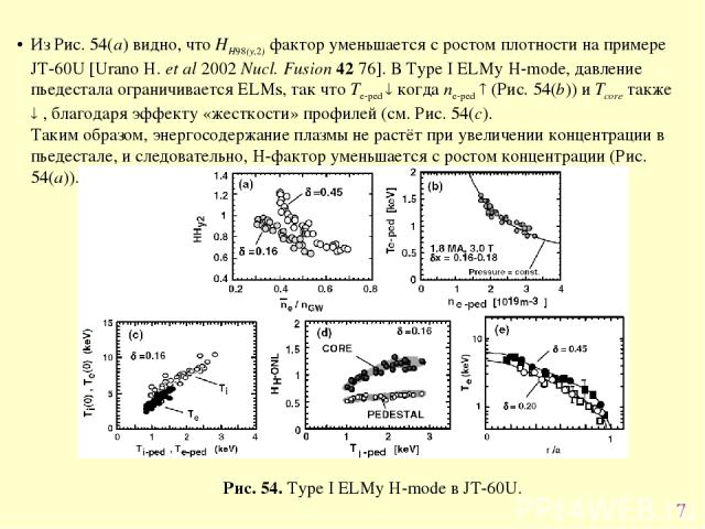 * Из Рис. 54(a) видно, что HH98(y,2) фактор уменьшается с ростом плотности на примере JT-60U [Urano H. et al 2002 Nucl. Fusion 42 76]. В Type I ELMy H-mode, давление пьедестала ограничивается ELMs, так что Tе-рed когда nе-рed (Рис. 54(b)) и Tcore та…