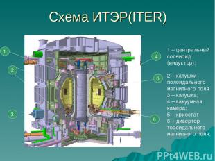 Схема ИТЭР(ITER) 1 2 3 4 5 6 1 – центральный соленоид (индуктор); 2 – катушки по