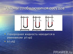 Законы сообщающихся сосудов Однородная жидкость находится в равновесии p1=p2 h1=