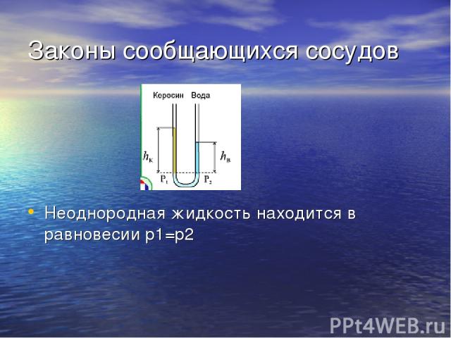 Законы сообщающихся сосудов Неоднородная жидкость находится в равновесии p1=p2