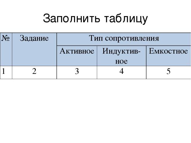 Заполнить таблицу № Задание Тип сопротивления Активное Индуктив- ное Емкостное 1 2 3 4 5