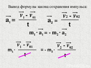 Вывод формулы закона сохранения импульса: а1 = v1 - v01 t а2 = v2 - v02 t m1 · a
