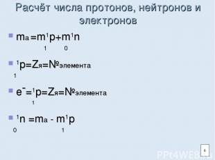 Расчёт числа протонов, нейтронов и электронов ma =m1p+m1n 1 0 1p=Zя=№элемента 1