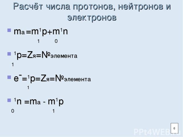 Расчёт числа протонов, нейтронов и электронов ma =m1p+m1n 1 0 1p=Zя=№элемента 1 e¯=1p=Zя=№элемента 1 1n =ma - m1p 0 1 6