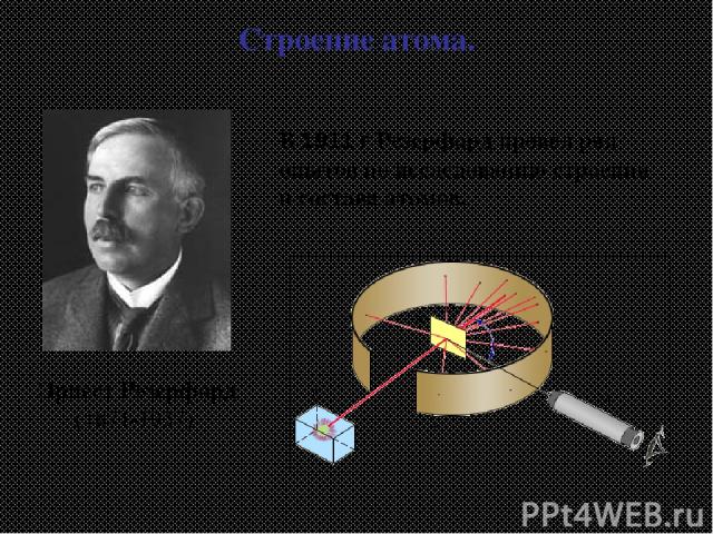Эрнест Резерфорд (1871-1937) Строение атома. В 1911 г Резерфорд провел ряд опытов по исследованию строения и состава атомов.