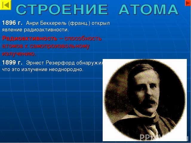 1896 г. Анри Беккерель (франц.) открыл явление радиоактивности. Радиоактивность – способность атомов к самопроизвольному излучению. 1899 г. Эрнест Резерфорд обнаружил, что это излучение неоднородно.