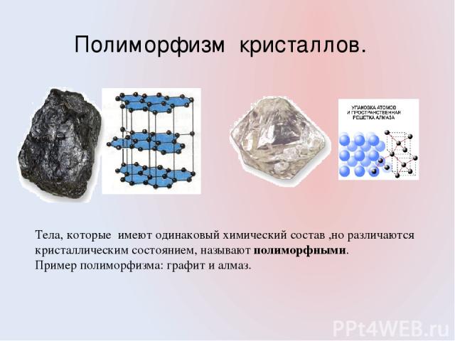 Полиморфизм кристаллов. Тела, которые имеют одинаковый химический состав ,но различаются кристаллическим состоянием, называют полиморфными. Пример полиморфизма: графит и алмаз.