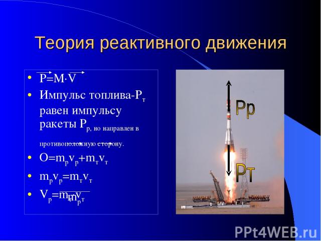 Теория реактивного движения P=M·V Импульс топлива-Pт равен импульсу ракеты Рр, но направлен в противоположную сторону. О=mpvp+mтvт mpvp=mтvт Vp=mт·vт mp