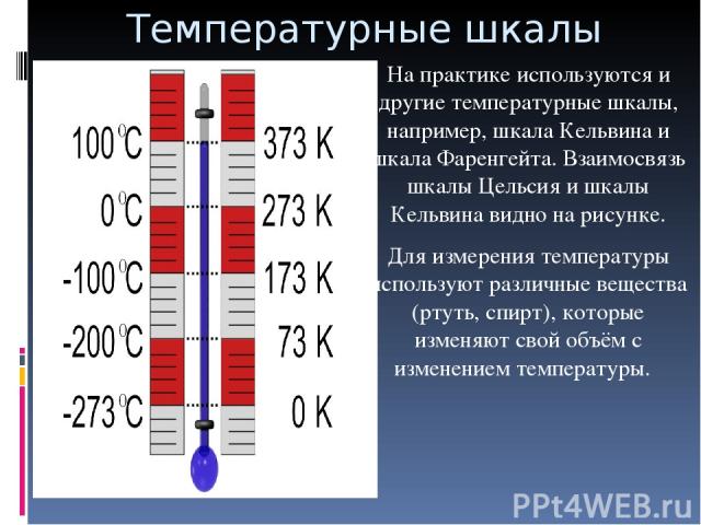 Температурные шкалы На практике используются и другие температурные шкалы, например, шкала Кельвина и шкала Фаренгейта. Взаимосвязь шкалы Цельсия и шкалы Кельвина видно на рисунке. Для измерения температуры используют различные вещества (ртуть, спир…