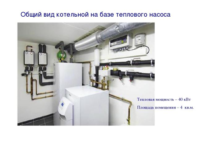 Общий вид котельной на базе теплового насоса Тепловая мощность – 40 кВт Площадь помещения – 4 кв.м.