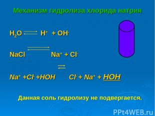 Механизм гидролиза хлорида натрия H2O H+ + OH- NaСl Na+ + Cl- Na+ +Cl- +HOH Cl-