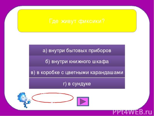 Где живут фиксики? а) внутри бытовых приборов б) внутри книжного шкафа в) в коробке с цветными карандашами г) в сундуке Правильно!