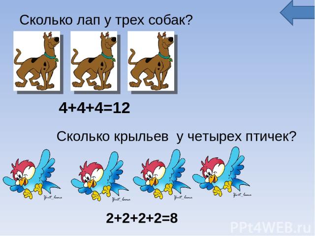   Сколько лап у трех собак? 4+4+4=12 Сколько крыльев у четырех птичек? 2+2+2+2=8