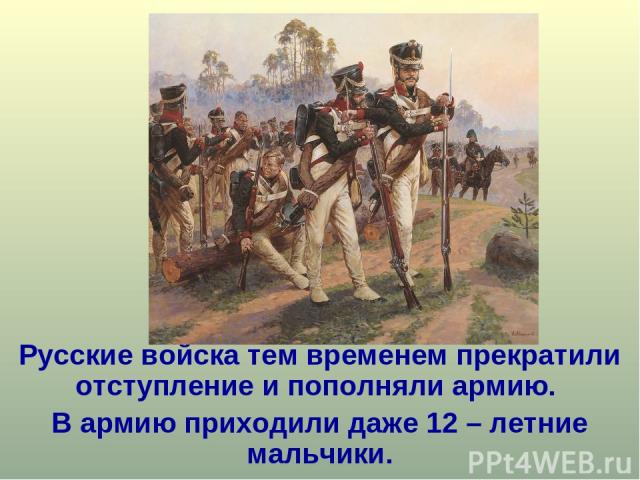 Русские войска тем временем прекратили отступление и пополняли армию. В армию приходили даже 12 – летние мальчики.