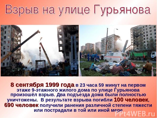 8 сентября 1999 года в 23 часа 59 минут на первом этаже 9-этажного жилого дома по улице Гурьянова произошёл взрыв. Два подъезда дома были полностью уничтожены. В результате взрыва погибли 100 человек, 690 человек получили ранения различной степени т…
