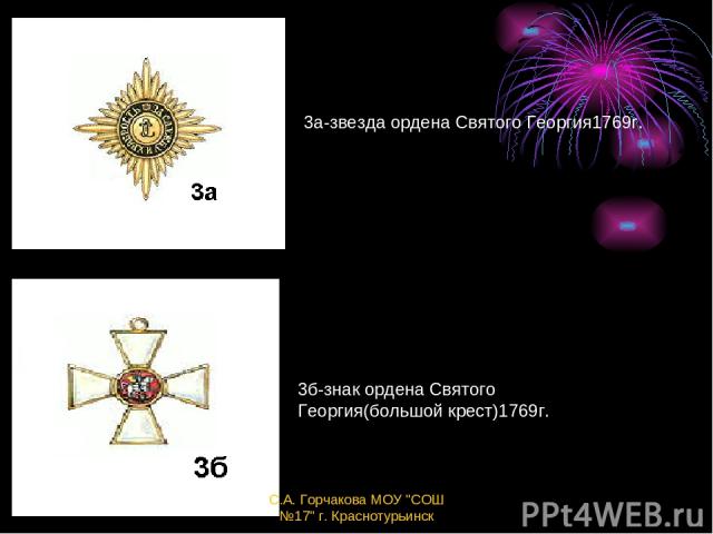 3а-звезда ордена Святого Георгия1769г. 3б-знак ордена Святого Георгия(большой крест)1769г. С.А. Горчакова МОУ 