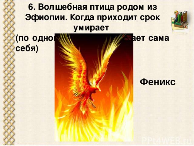 6. Волшебная птица родом из Эфиопии. Когда приходит срок умирает (по одной из версий, сжигает сама себя) Феникс