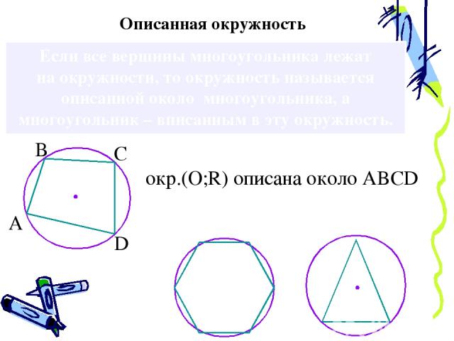Если все вершины многоугольника лежат на окружности, то окружность называется описанной около многоугольника, а многоугольник – вписанным в эту окружность. Описанная окружность окр.(О;R) oписана около ABCD А В С D
