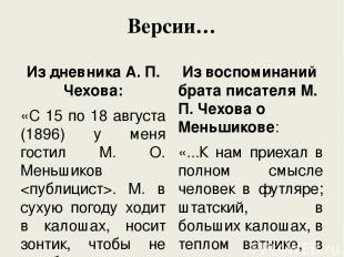 Версии… Из дневника А. П. Чехова: «С 15 по 18 августа (1896) у меня гостил М. О.