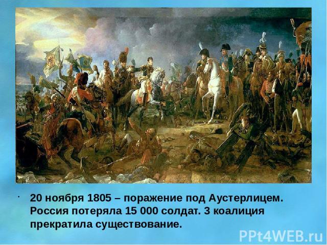 20 ноября 1805 – поражение под Аустерлицем. Россия потеряла 15 000 солдат. 3 коалиция прекратила существование.