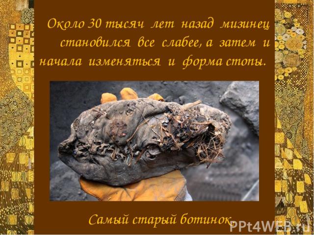 Около 30 тысяч лет назад мизинец становился все слабее, а затем и начала изменяться и форма стопы. Самый старый ботинок.