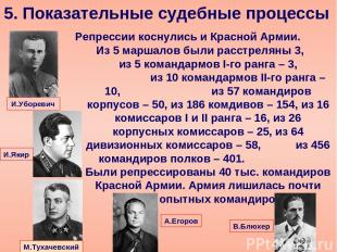 Репрессии коснулись и Красной Армии. Из 5 маршалов были расстреляны 3, из 5 кома