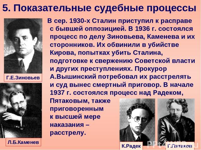 В сер. 1930-х Сталин приступил к расправе с бывшей оппозицией. В 1936 г. состоялся процесс по делу Зиновьева, Каменева и их сторонников. Их обвинили в убийстве Кирова, попытках убить Сталина, подготовке к свержению Советской власти и других преступл…