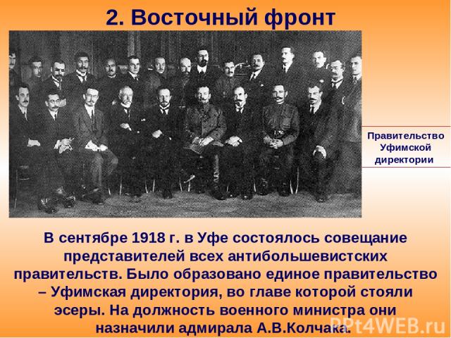 2. Восточный фронт В сентябре 1918 г. в Уфе состоялось совещание представителей всех антибольшевистских правительств. Было образовано единое правительство – Уфимская директория, во главе которой стояли эсеры. На должность военного министра они назна…