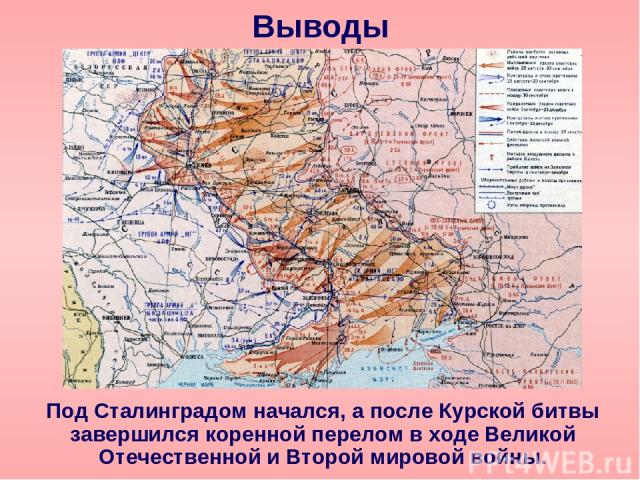 Выводы Под Сталинградом начался, а после Курской битвы завершился коренной перелом в ходе Великой Отечественной и Второй мировой войны.