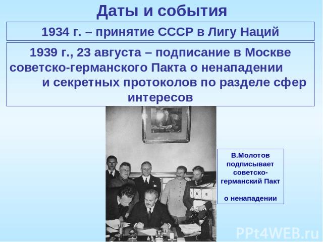 Даты и события 1934 г. – принятие СССР в Лигу Наций 1939 г., 23 августа – подписание в Москве советско-германского Пакта о ненападении и секретных протоколов по разделе сфер интересов В.Молотов подписывает советско-германский Пакт о ненападении