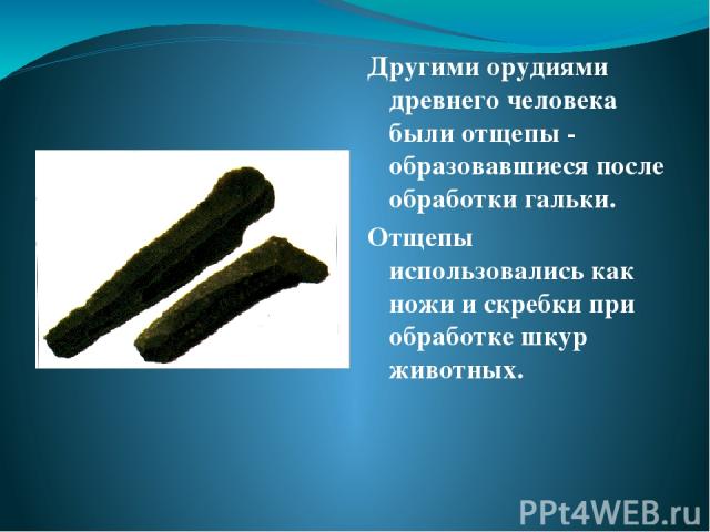 Другими орудиями древнего человека были отщепы - образовавшиеся после обработки гальки. Отщепы использовались как ножи и скребки при обработке шкур животных.