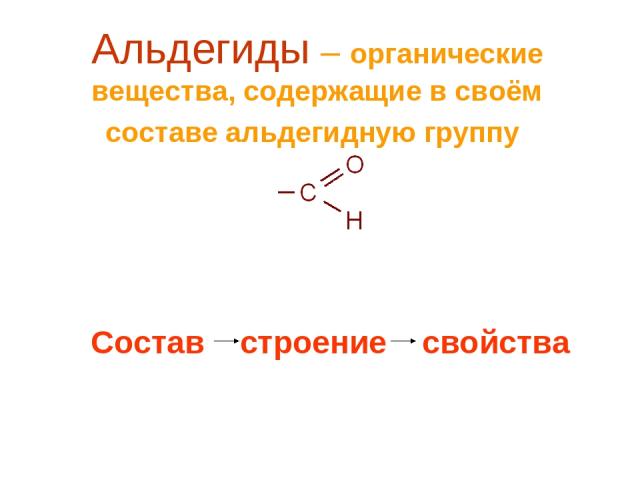 Альдегиды – органические вещества, содержащие в своём составе альдегидную группу Состав строение свойства