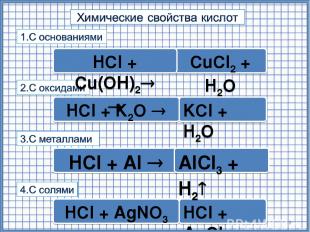 * CuCl2 + H2О HCl + Al HCl + AgCl HCl + K2О HCl + Cu(ОН)2 KCl + H2О AlCl3 + H2 H