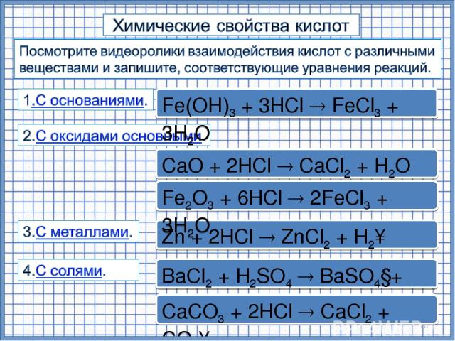 * Zn + 2HCl ZnCl2 + H2↑ BaCl2 + H2SO4 BaSO4↓+ 2HCl Fe2O3 + 6HCl 2FeCl3 + 3H2O CaO + 2HCl CaCl2 + H2O CaCO3 + 2HCl CaCl2 + CO2↑ Fe(OН)3 + 3HCl FeCl3 + 3H2O