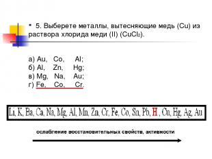 5. Выберете металлы, вытесняющие медь (Cu) из раствора хлорида меди (II) (CuCl2)