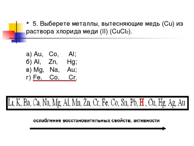 5. Выберете металлы, вытесняющие медь (Cu) из раствора хлорида меди (II) (CuCl2). а) Au, Co, Al; б) Al, Zn, Hg; в) Mg, Na, Au; г) Fe, Co, Cr.