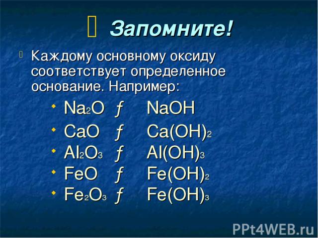 Запомните! Каждому основному оксиду соответствует определенное основание. Например: Na2O → NaOH CaO → Ca(OH)2 Al2O3 → Al(OH)3 FeO → Fe(OH)2 Fe2O3 → Fe(OH)3