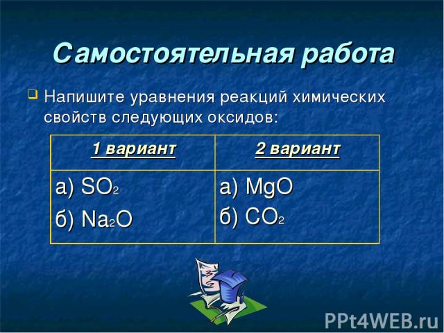 Самостоятельная работа Напишите уравнения реакций химических свойств следующих оксидов: 1 вариант 2 вариант a) SO2 б) Na2O a) MgO б) CO2