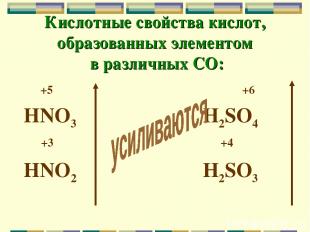 Кислотные свойства кислот, образованных элементом в различных СО: +5 +6 HNO3 H2S