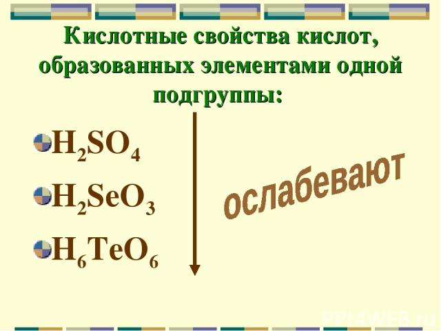 Кислотные свойства кислот, образованных элементами одной подгруппы: H2SO4 H2SeO3 H6TeO6