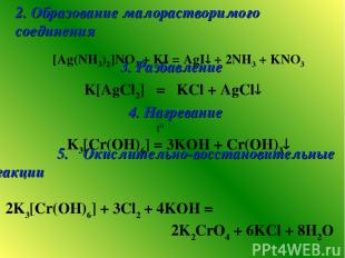 3. Разбавление K[AgCl2] = KCl + AgCl 5. Окислительно-восстановительные реакции 2